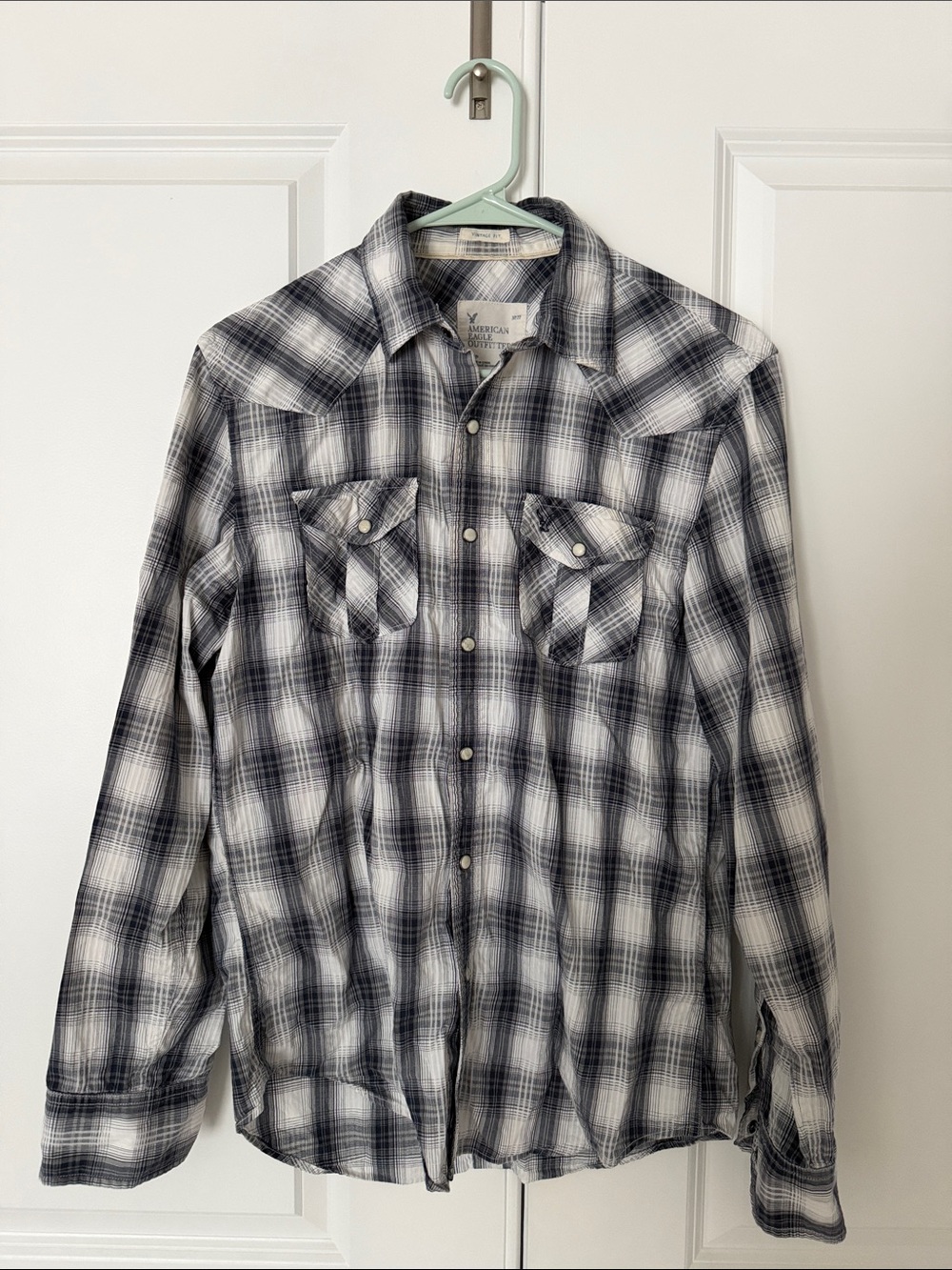 American Eagle Outfitters Men’s Black & White Plaid Button-Down Shirt